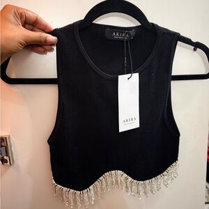 AKIRA Black Tank Top with Beaded Fringe
